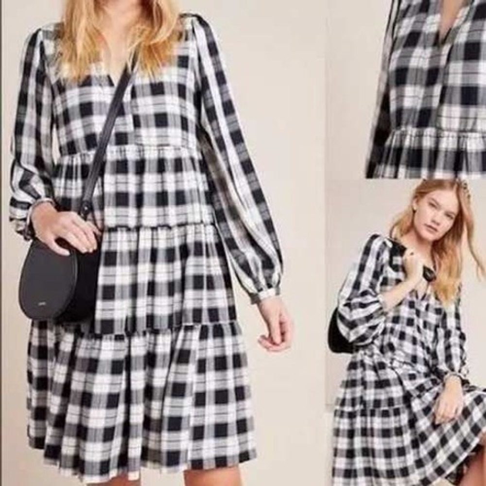 Maeve Anthropologie Women Dress XS Black White Plaid Tiered Babydoll Puff Sleeve